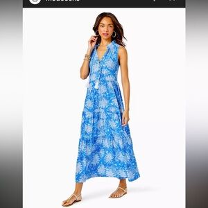 Lilly Pulitzer SIZE S NWOT Malone Croc and Loc It Blue & White Floral MAXI Dress